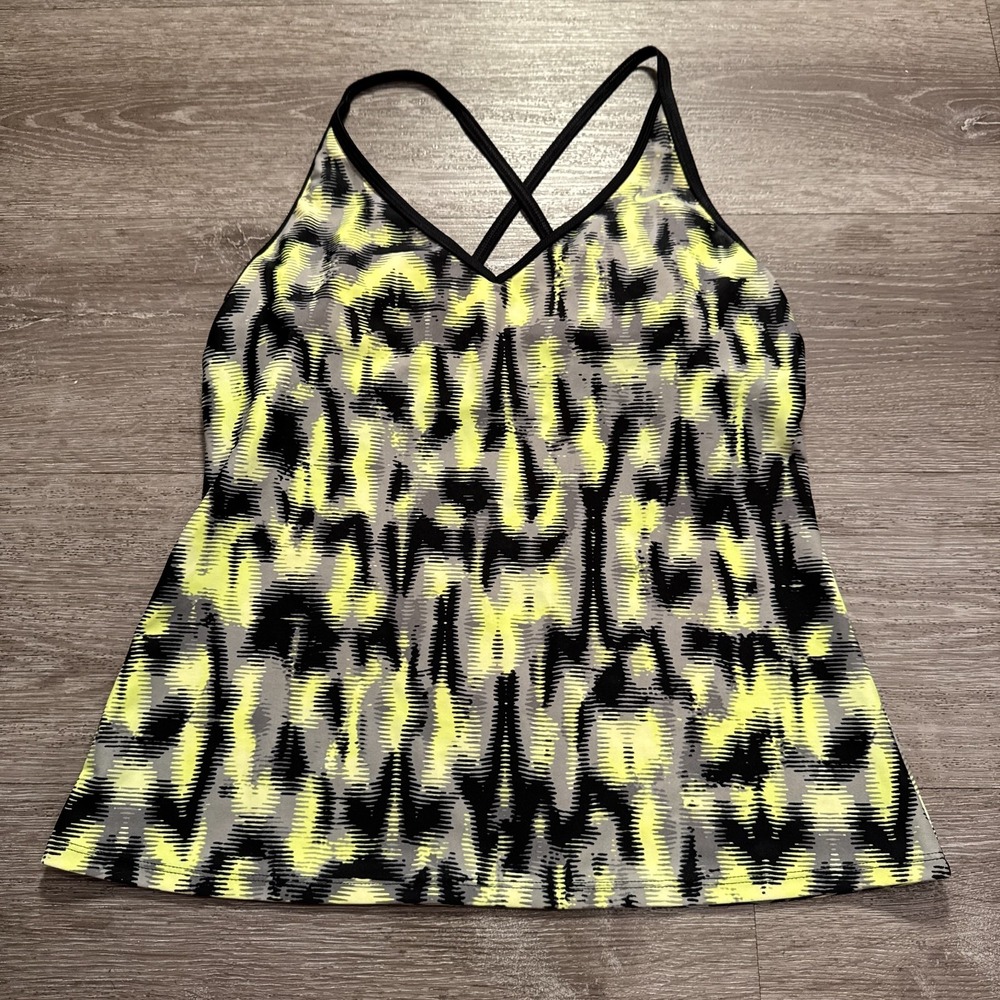 Nike Tank Top Womens M Neon Yellow Grey Black Abstract Print Criss Cross Straps